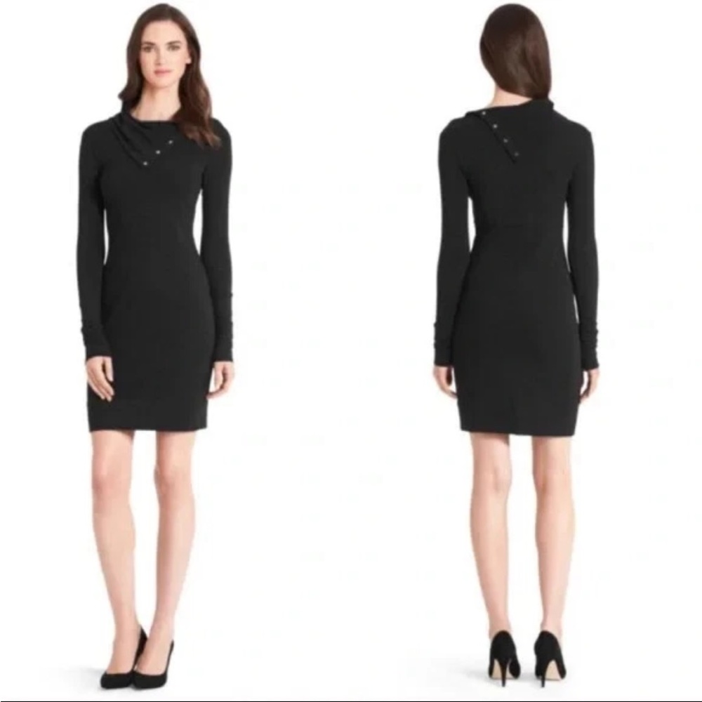 DVF Turtle black knit convertible turtleneck bodycon snap dress, NWT, size L